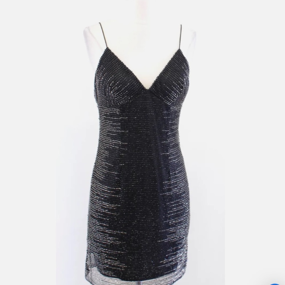 Authentic- Vintage Adrianna Papell Black Silver Sequin Beaded Mini Dress Size 10
